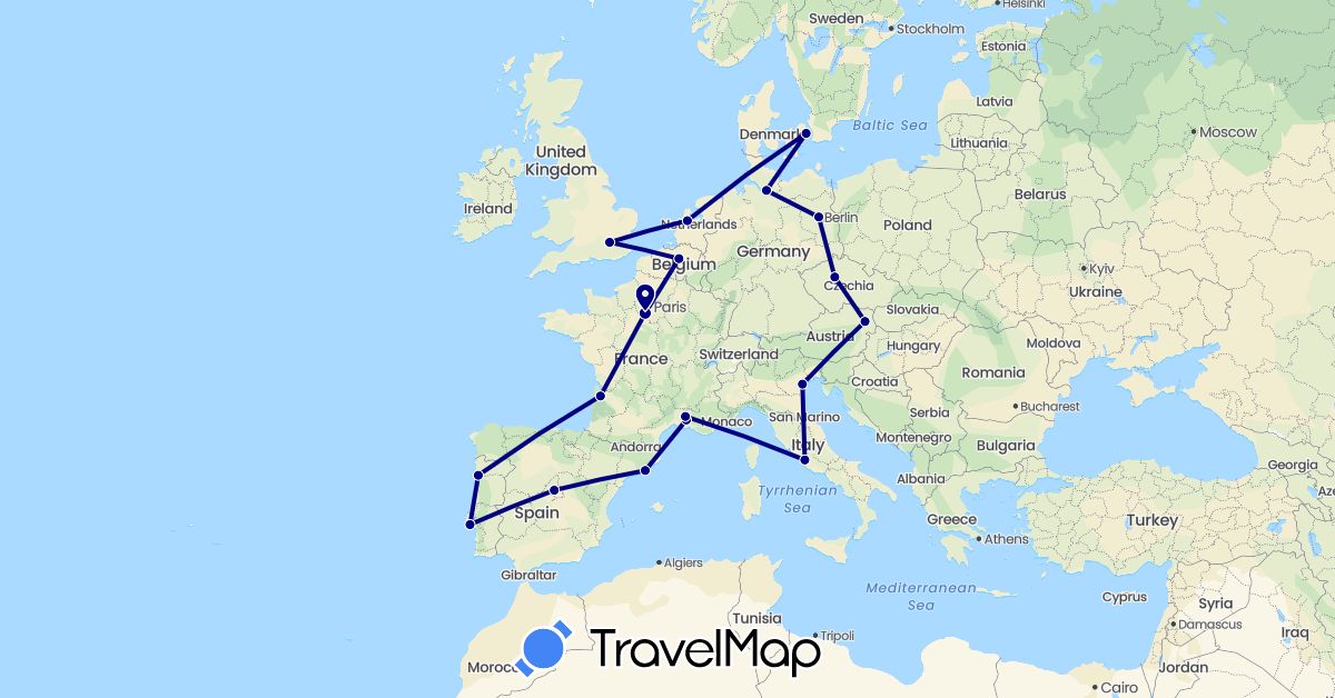 TravelMap itinerary: driving in Austria, Belgium, Czech Republic, Germany, Denmark, Spain, France, United Kingdom, Italy, Netherlands, Portugal (Europe)